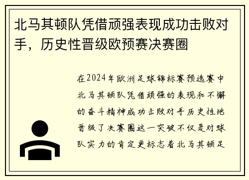 北马其顿队凭借顽强表现成功击败对手，历史性晋级欧预赛决赛圈