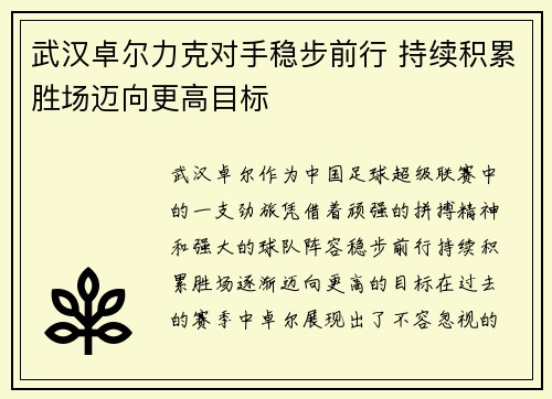 武汉卓尔力克对手稳步前行 持续积累胜场迈向更高目标