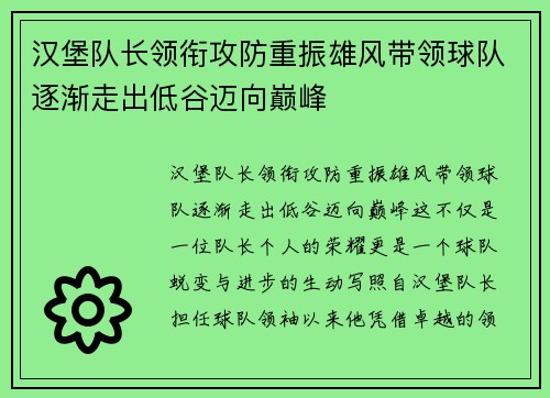 汉堡队长领衔攻防重振雄风带领球队逐渐走出低谷迈向巅峰
