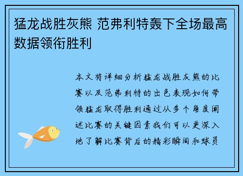 猛龙战胜灰熊 范弗利特轰下全场最高数据领衔胜利
