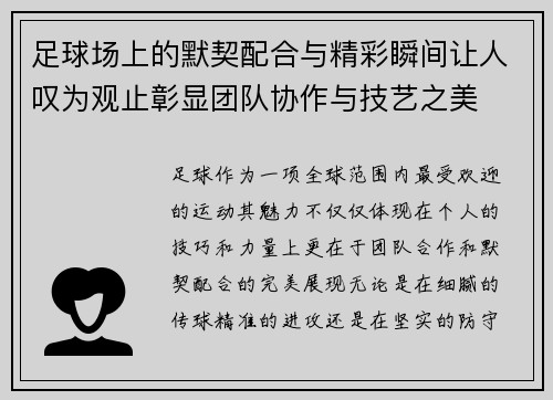 足球场上的默契配合与精彩瞬间让人叹为观止彰显团队协作与技艺之美